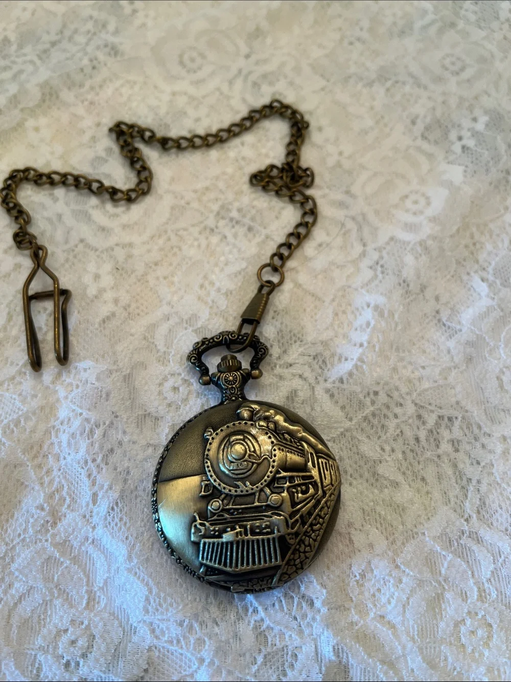 Antique-Style Train Pocket Watch Pendant - Bronze Tone